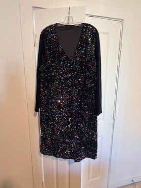 BloomChic Black Long Sleeve Sequin V-Neck Dress with Multicolor Sparkle